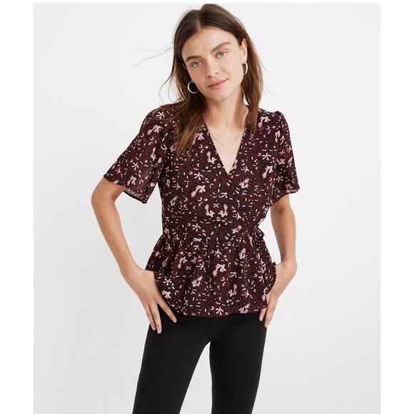Madewell Georgette Flutter-Sleeve Peplum Paisley Dark Purple Faux Wrap Blouse XS - Picture 1 of 7